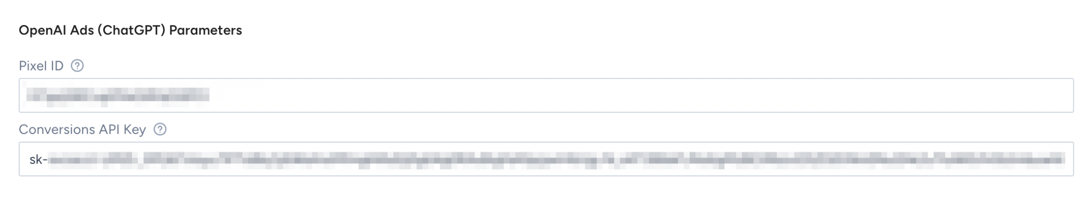 Configuração de parceiro do OpenAI Ads (ChatGPT) na Singular com os campos Pixel ID e Conversions API Key preenchidos