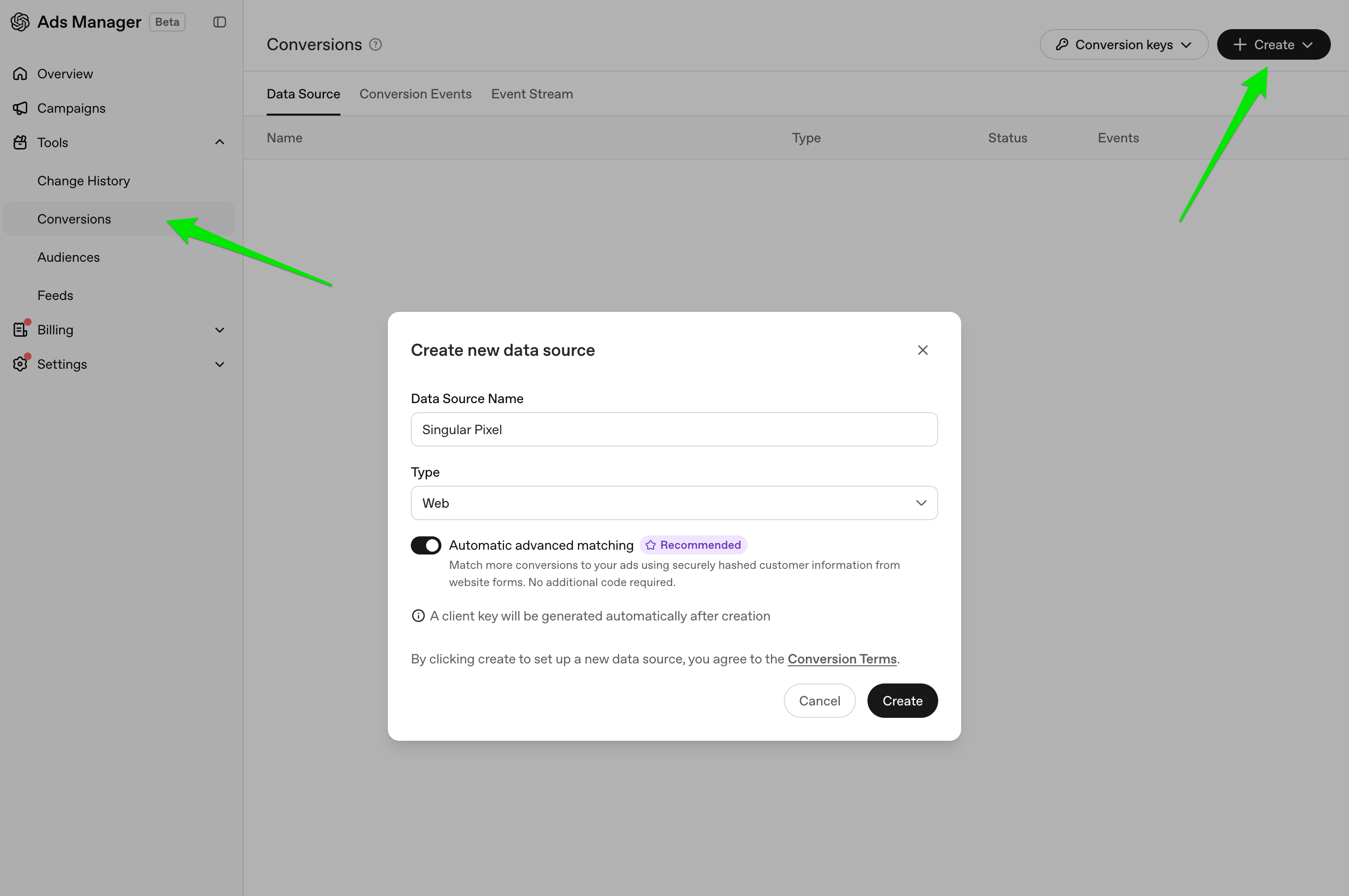 Página Conversions do OpenAI Ads Manager com a janela Create new data source, nomeando Singular Pixel uma fonte de dados Web