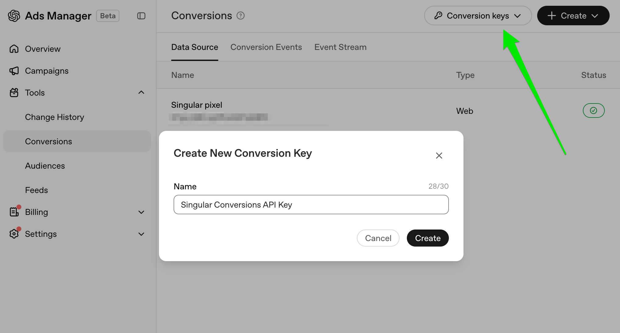Janela Create New Conversion Key do OpenAI Ads Manager com o nome Singular Conversions API Key