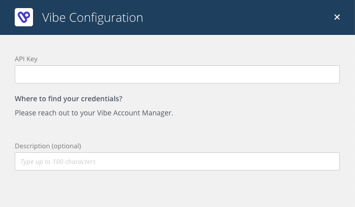 Singular Vibe Configuration panel with an API Key field and a note to contact your Vibe Account Manager for credentials