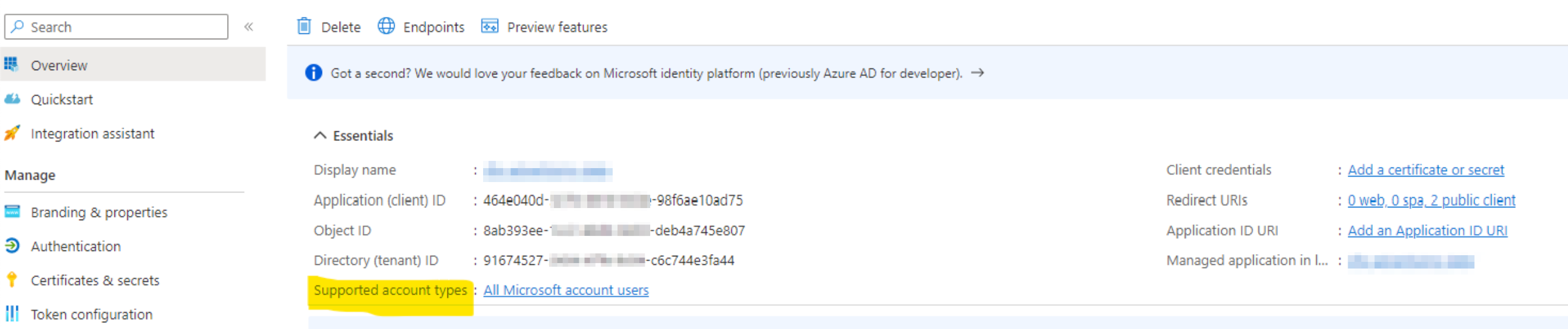 Microsoft app registration Overview page with Supported account types highlighted and set to All Microsoft account users