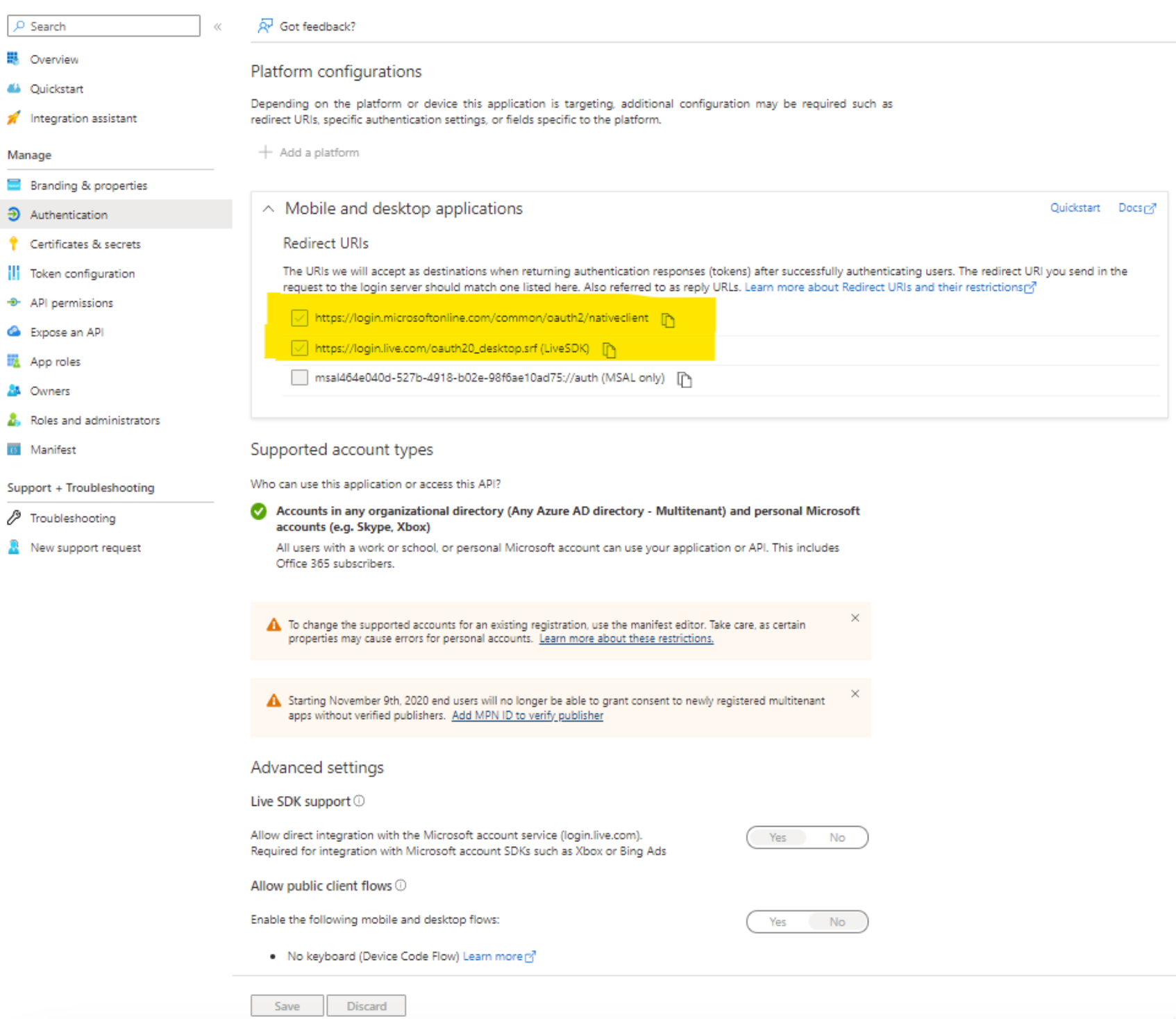 Microsoft app registration Authentication page with the nativeclient and LiveSDK redirect URIs highlighted under Mobile and desktop applications