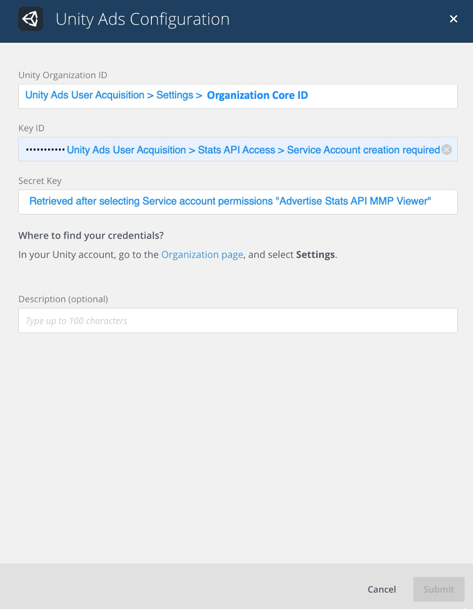 Singular Unity Ads Configuration panel showing where to find the Unity Organization ID, Key ID, and Secret Key