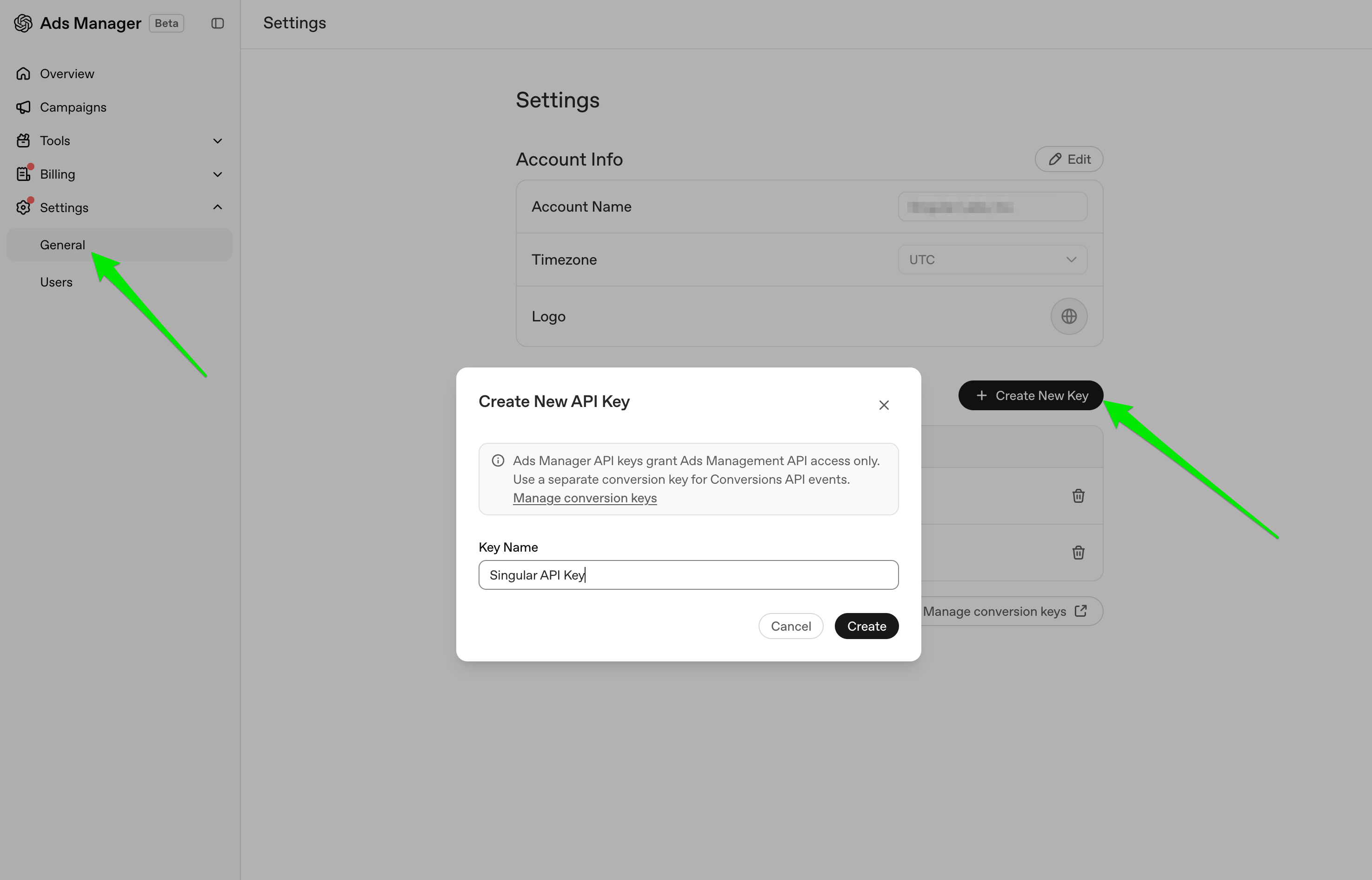OpenAI Ads Manager Settings page with the Create New API Key dialog, naming the key Singular API Key