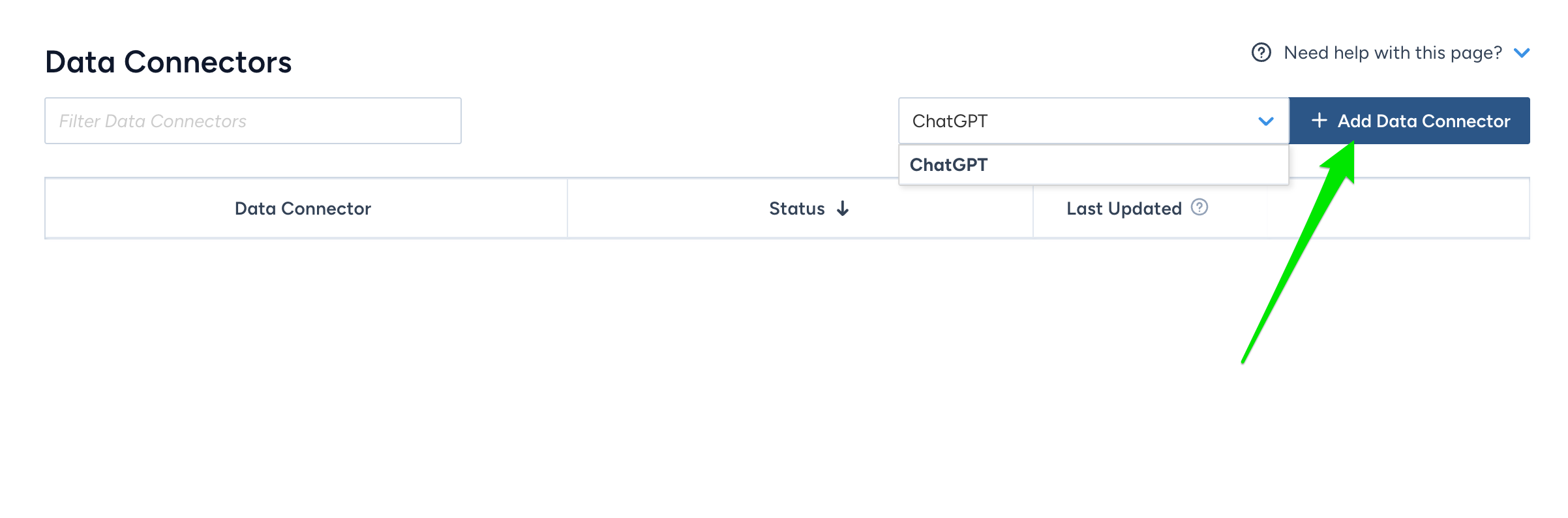 Singular Data Connectors page with ChatGPT typed in the connector search and the Add Data Connector button highlighted