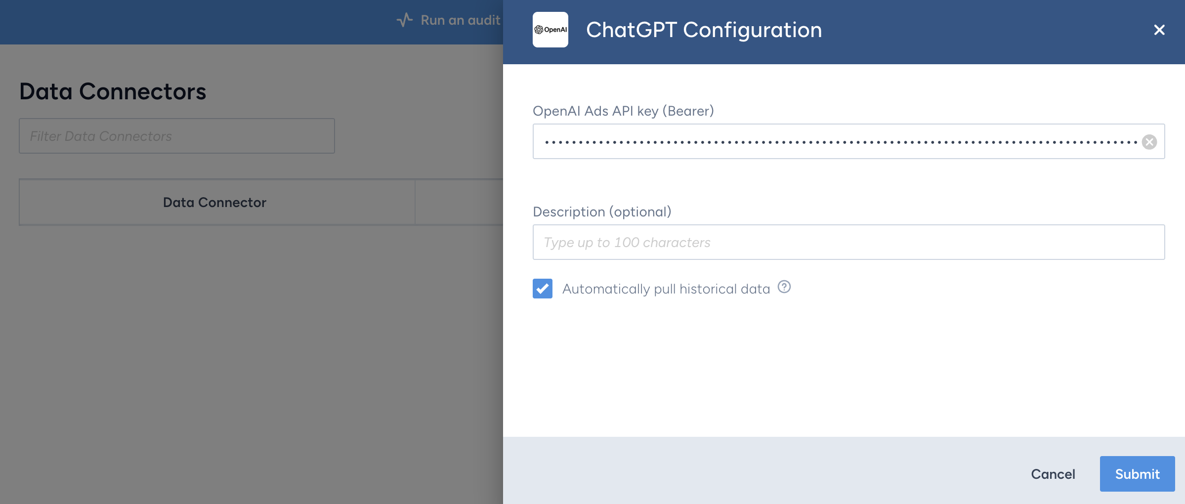 Singular ChatGPT Configuration panel with the OpenAI Ads API key entered and Automatically pull historical data checked