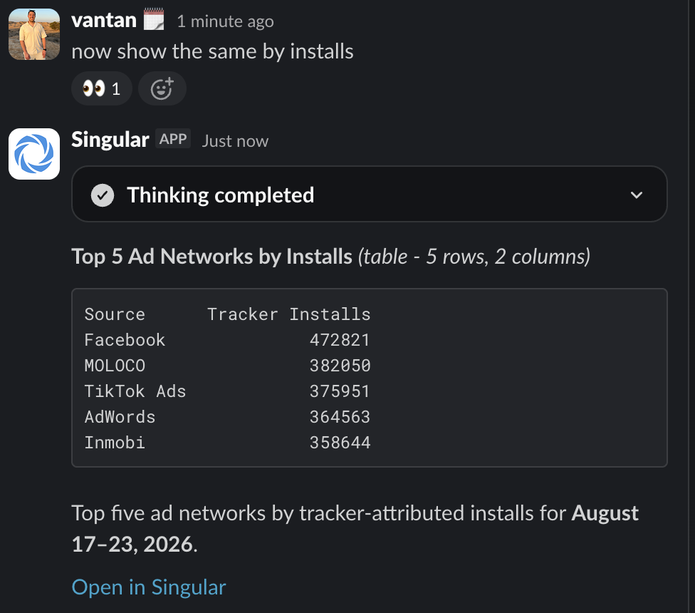 An untagged follow-up in the same thread, answered with an installs table