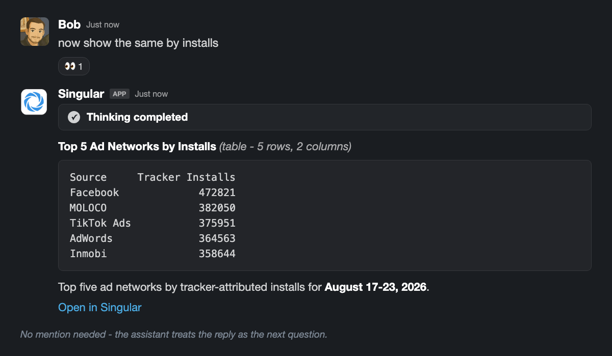 An untagged follow-up in the same thread, answered with an installs table