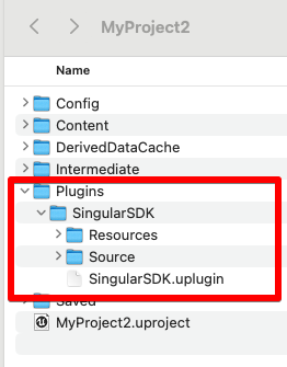 PluginsディレクトリにSingularSDKプラグインが配置されたプロジェクトのフォルダーツリー。Resources、Source、SingularSDK.upluginが含まれています。