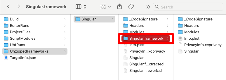UnzippedFrameworks内にネストされたSingular.frameworkを示すファイルブラウザ。内側のSingular.frameworkフォルダーがハイライトされています。